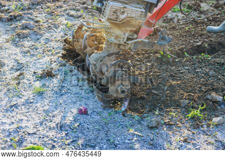 Farmer Man Plows Land With Cultivator Machinery For Soil Cultivation In Garden Soil Using Tiller Blo
