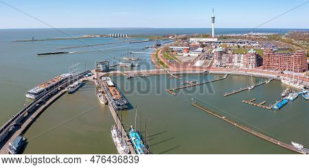 Aerial Panorama From The City Lelystad In The Netherlands With The Voc Ship In The Harbor