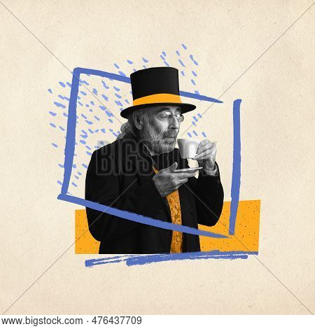 Contemporary Art Collage. Elderly Gray-haired Man, Gentleman, Noble Person In Vintage Costume Drinki