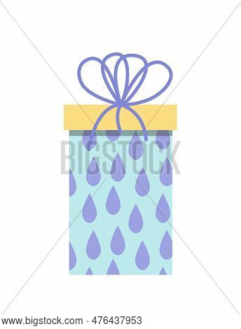 Gift Box With Drobs. Blue Present Box With Drobs And Yellow Box Top. Flat, Cartoon, Vector