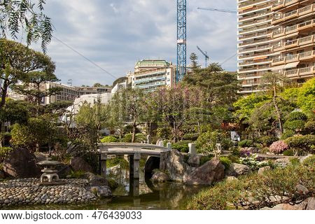 Monaco, Monaco, April 21st 2023:- A View Of The Japanese Garden In Monaco, Located In The Larvotto W