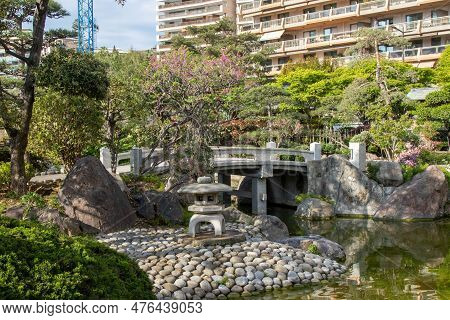 Monaco, Monaco, April 21st 2023:- A View Of The Japanese Garden In Monaco, Located In The Larvotto W
