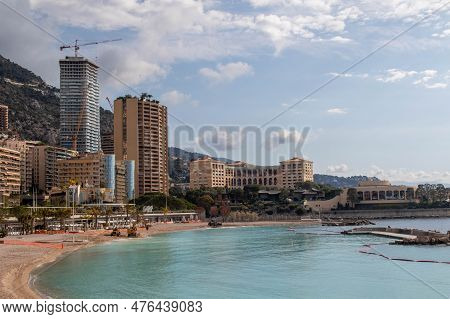 Monaco, Monaco, April 21st 2023:- A View Of The Larvotto Public Beach In Monaco