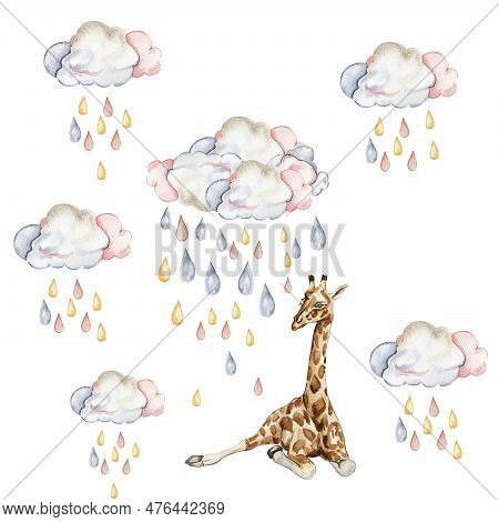 Watercolor Hand Painted Clowds With Drops And Giraffe Seamless Pattern. Illustration Isolated On Whi