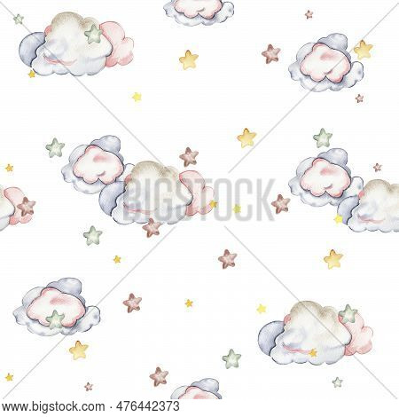 Watercolor Hand Painted Stars And Clowds Seamless Pattern. Illustration Isolated On White Background