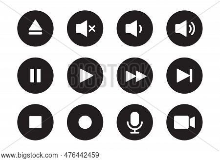 Audio, Video, Music Player Circle Button Icon. Sound Control, Play, Pause Button Solid Icon Set. Cam