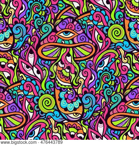 Magic Mushrooms. Psychedelic Pattern. Vector Illustration. Zen Art. Decorative Mushrooms, Hippie, Ha
