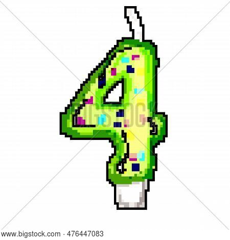 Four Year Birthday Number Candle Game Pixel Art Retro Vector. Bit Four Year Birthday Number Candle. 