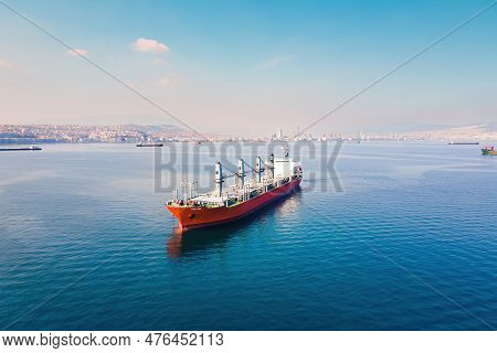 Cargo Bulker Ship Waiting Uploading Stay At Anchor Near Port
