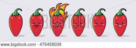 Vector Cartoon Cute And Funny Red Hot Chili Pepper Icon Set. Kawaii Style. Fresh Chili Hot Pepper Wi