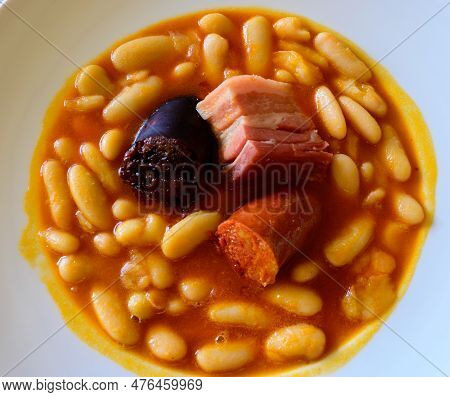 Fabada Asturiana, Asturian bean stew, Spain, Hot And Heavy Dish Served With Asturian cider or A red