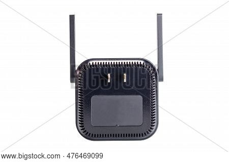 Back Side Of Wi-fi Signal Extender With Two Adjustable Antennas And Pin For Plugging Into Electric S