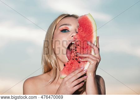 Sexy Summer Tropical Fruit. Sexy Mouth Bite Watermelons. Sensual Young Woman Lick Watermelon With Se