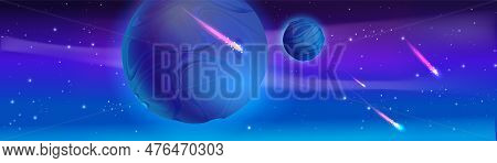 Space Background With Alien Planets Floating In Sky, Comets With Neon Light Tails, Rocky Meteorites,
