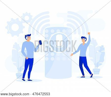 Voice Command Device Application,  Virtual Assistant Technology, Smart Speaker, Flat Vector Modern I