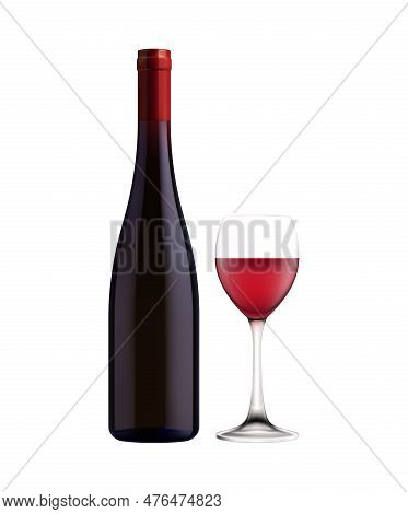 Wine Types Bottles Glasses Realistic Composition With Isolated Front View Of Bottle And Glass With D