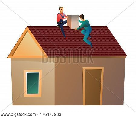 Workers Work On Roof. Two Workers Are Repairing Stove Chimney On Roof. Small House And Two Workers. 