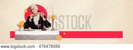 Contemporary Art Collage. Young Elegant Man In Peruke And Vintage Jacket Sitting At Table And Eating