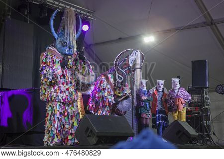Montanchez, Spain - February 18, 2023: The Jurramacho Carnival Of Montanchez. Jarramplas De Piornal 