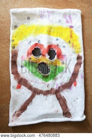 Jurramacho Carnival Face Mask, Montanchez. White Cloth Mask Crudely Cut With Eye And Mouth Holes Mad
