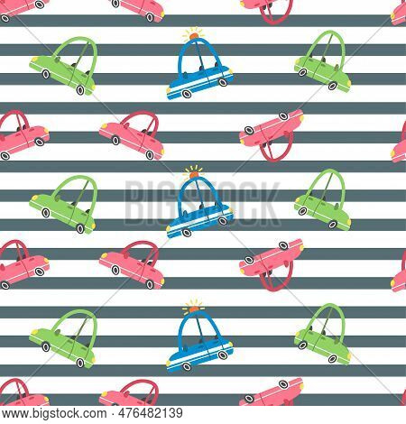 Seamless Vector Pattern. Cute Cars And Gray Stripes.