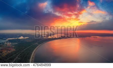 Dramatic Colorful Sunset Over Kyiv Sea In Vyshgorod, Ukraine, Travel Background. Big Panorama From D