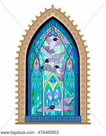 Beautiful Colorful Medieval Stained Glass Window. Gothic Architectural Style With Pointed Arch. Bret