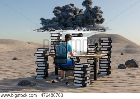 Man Sitting At Pc Office Workplace In Desert Environment With Huge Stacks Of Binders And Cloud Over 