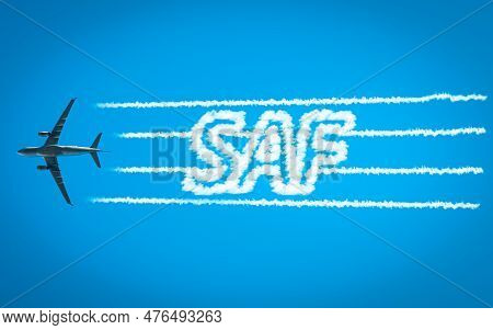 Airplane Leaving Jet Contrails With Saf Word Inside