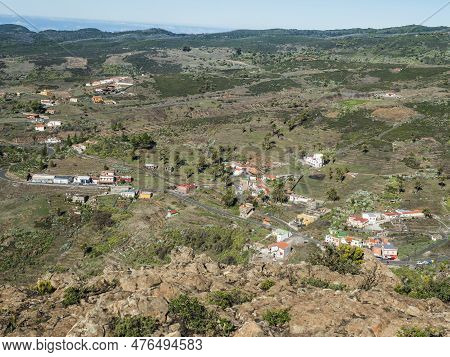 Aerial View On Small Village Chipude Seen From Peak Of Table Mountain Fortaleza. White Clouds And La