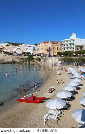 Apulia, Italy - May 30, 2017: Beachgoers Visit Santa Maria Al Bagno Beach In Puglia Region, Italy. W