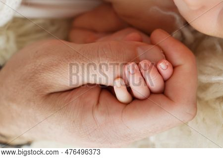 Close-up Of A Small Hand Of A Child And The Hand Of Mother And Father. A Newborn Baby After Birth Ho