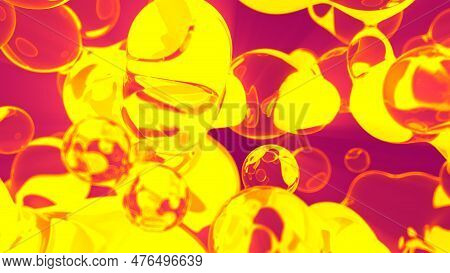 Glittering Golden Yellow Pellucid Fluid Metaspheres On Red Bg - Abstract 3d Rendering