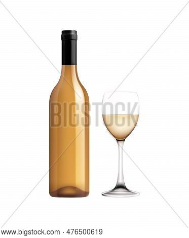 Wine Types Bottles Glasses Realistic Composition With Isolated Front View Of Bottle And Glass With D