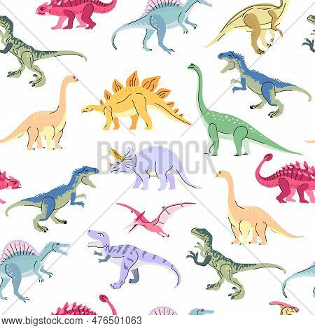 Seamless Pattern With Bright Dinosaurs Including T-rex, Brontosaurus, Triceratops, Velociraptor, Pte