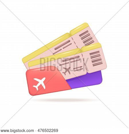 Airplane Tickets 3d Vector Illustration. Documents For Traveling Abroad By Plane In Cartoon Style Is