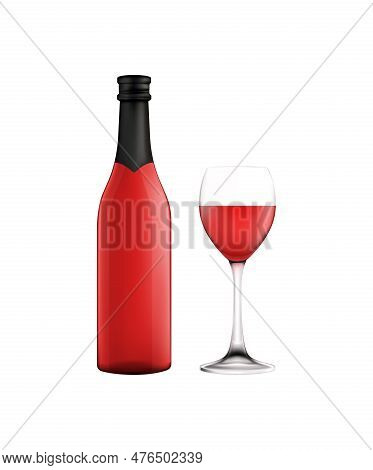 Wine Types Bottles Glasses Realistic Composition With Isolated Front View Of Bottle And Glass With D