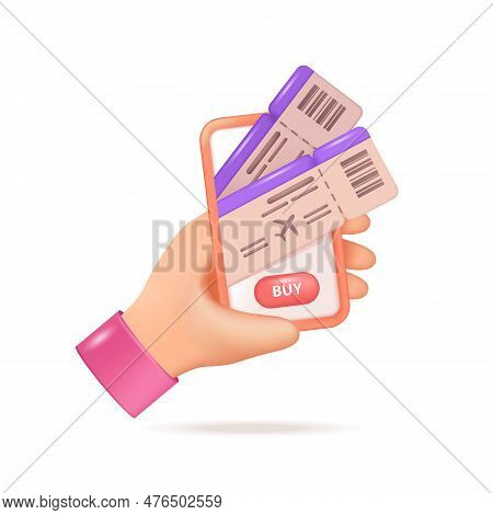 Hand Holding Smartphone With Tickets 3d Vector Illustration. Mobile App For Booking Plane Tickets In