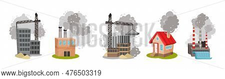 Air Pollution Sources With Industrial Fume And Toxic Waste Emission Vector Scene Set