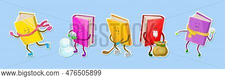 Cute Humanized Books In Hard Cover Playing Snowballs And Building Snowman Vector Set