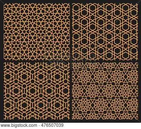 Mashrabiya Arabesque Arabic Patterns Set, Seamless Islamic Backgrounds, Vector Mosque Ornament. Mash