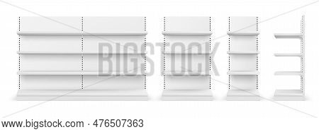 Supermarket Shelf. White Retail Shop Product Shelves And Racks. Empty Store Showcase Display For Gro