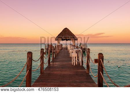 Beautiful Caribbean Beach In Dominican Republic. Sunset View Of Tropical Idyllic Summer Landscape Wi