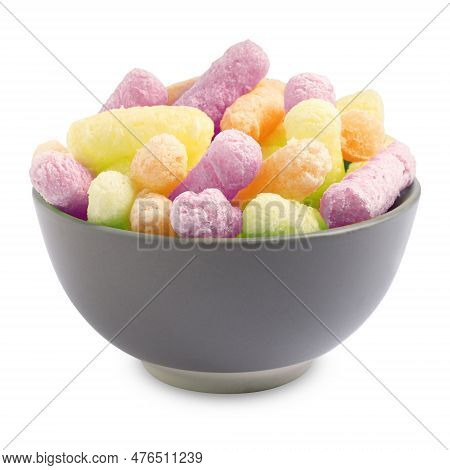 Bowl With Colorful Corn Puffs On White Background