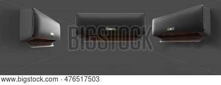 Black Air Conditioner Front And Angle View 3d Render Icons Set. Electronic Appliance For Controlling