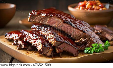 Baked Pork Ribs With Barbecue Sauce. Grilled Pork Ribs With Sauce On A Cutting Board , Spice, Marina