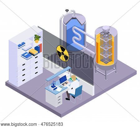 Nuclear Energy Fusion Fission Isometric Composition With Isolated View Of Laboratory Workplace With 