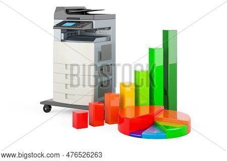 Office Multifunction Printer Mfp With Growth Bar Graph And Pie Chart, 3d Rendering Isolated On White