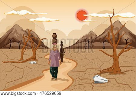 Dry And Cracked Land, Drought Due To Lack Of Rain. Global Warming Concept. Dead Tree Under Hot Sunse