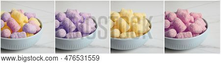 Collage Of Bowls With Colorful Corn Puffs On White Marble Table